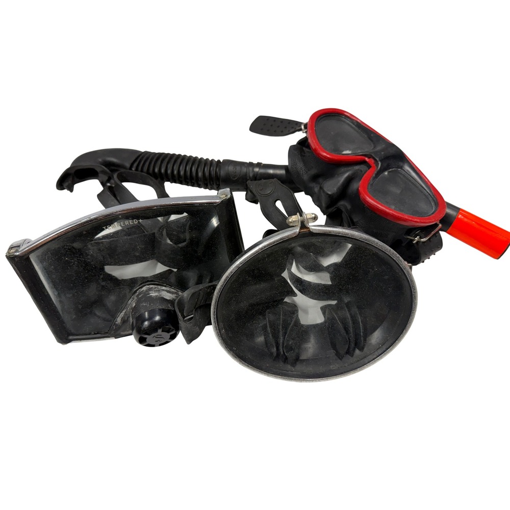 Vintage Scuba Diving Mask Lot Dacor Snorkel Tempered Glass Chrome Oval Dive Gear